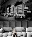 Black and White European Café Street Diner Wallpaper Mural.