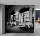 Black and White European Café Street Diner Wallpaper Mural.
