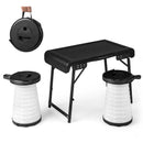 3 Pieces Folding Camping Table Stool Set with 2 Retractable LED Stools-Black by LJGDeals
