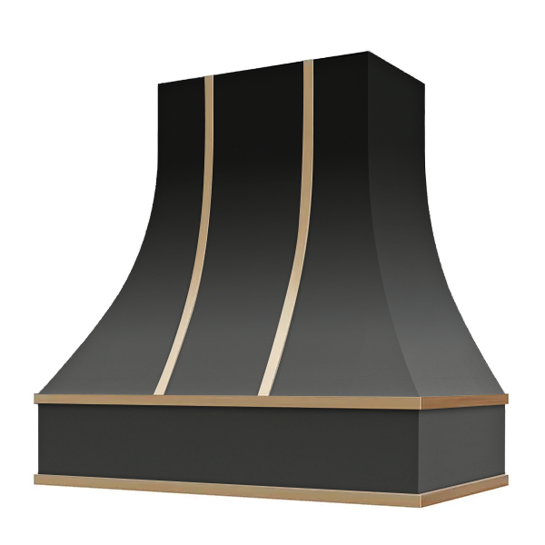 Black Range Hood With Curved Front, Brass Strapping and Block Trim - 30", 36", 42", 48", 54" and 60" Widths Available