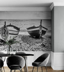 Black and White Nautical Theme Wallpaper Mural. Boat on Shore Wall Mural.