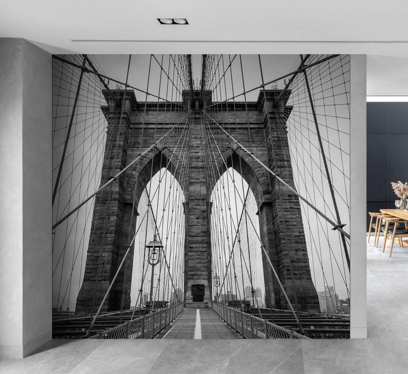 Black and White Brooklyn Bridge Wallpaper Mural. New York City Theme Decor.