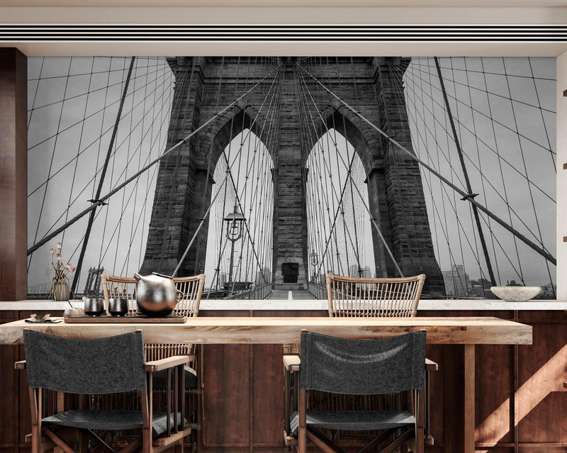 Black and White Brooklyn Bridge Wallpaper Mural. New York City Theme Decor.