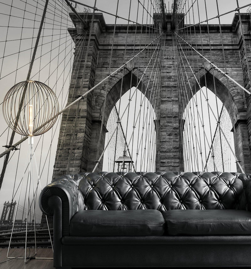 Black and White Brooklyn Bridge Wallpaper Mural. New York City Theme Decor.