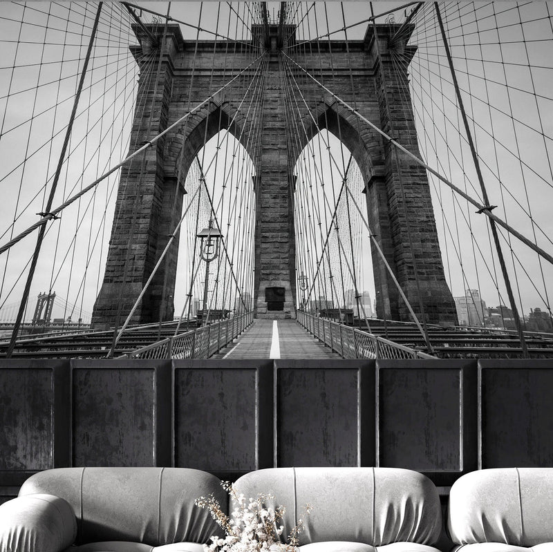 Black and White Brooklyn Bridge Wallpaper Mural. New York City Theme Decor.