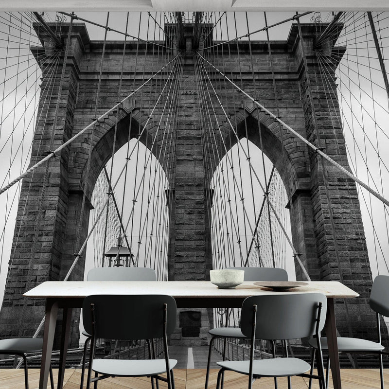 Black and White Brooklyn Bridge Wallpaper Mural. New York City Theme Decor.