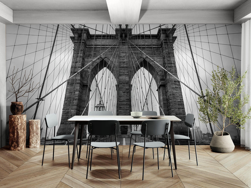 Black and White Brooklyn Bridge Wallpaper Mural. New York City Theme Decor.