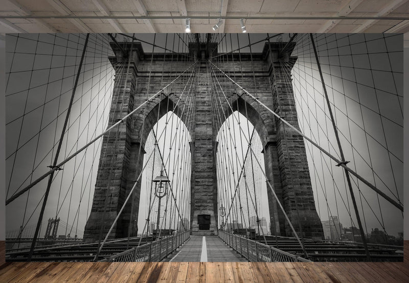 Black and White Brooklyn Bridge Wallpaper Mural. New York City Theme Decor.