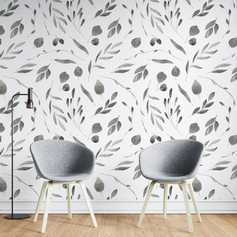 Black and White Watercolor Floral Wall Mural