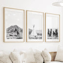 Black White Western Wall Art Set. Desert, Horses, Tepee by Wall Art Set