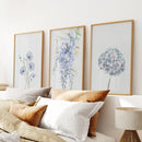 Set of 3 Blue Watercolor Minimalist Flowers Prints by Wall Art Set