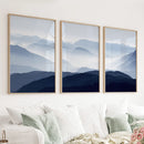 Blue Misty Mountain Scenery. Set of 3 Prints by Wall Art Set