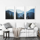 Navy Blue Mountain Forest Triptych. Nordic Landscape Art by Wall Art Set