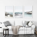 3 Piece Coastal Seascape Set. Blue Waves, Rocky Beach by Wall Art Set