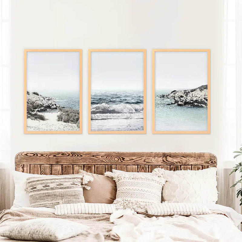 3 Piece Coastal Seascape Set. Blue Waves, Rocky Beach