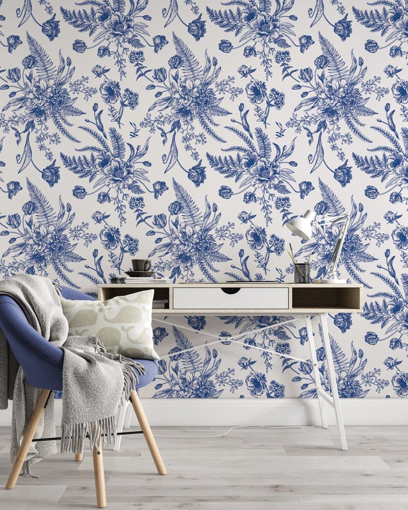 Blue Toile Wallpaper Peel and Stick