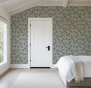 Blue and Green Linen Flowers Wallpaper | Hand-Drawn Vintage Floral