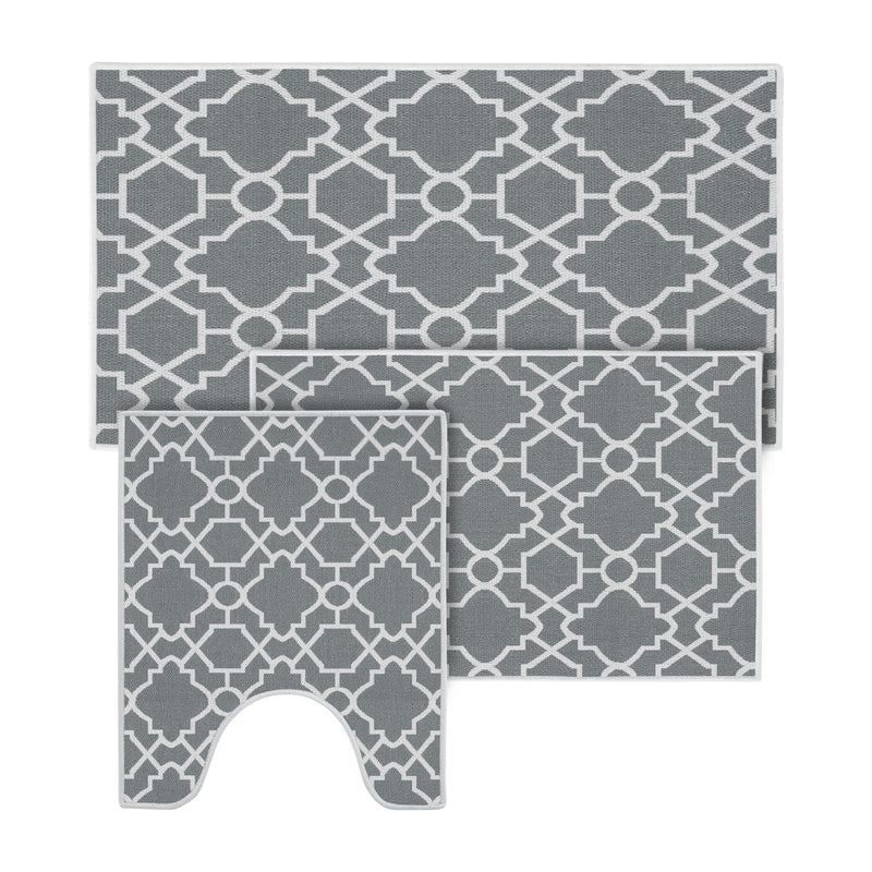 Geometric Graphic Design 3 Piece Bathroom Rugs Set| Gray