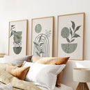 3 Piece Boho Wall Art Prints. Green Mid-Century Abstract Decor