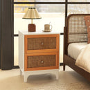 Boho Accent Table Nightstand with 2 Handwoven Rattan Decorated Drawers-White by LJGDeals