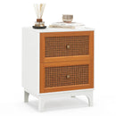 Boho Accent Table Nightstand with 2 Handwoven Rattan Decorated Drawers-White by LJGDeals