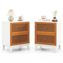 Boho Accent Table Nightstand with 2 Handwoven Rattan Decorated Drawers-White by LJGDeals