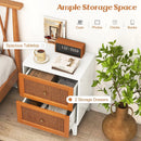 Boho Accent Table Nightstand with 2 Handwoven Rattan Decorated Drawers-White by LJGDeals
