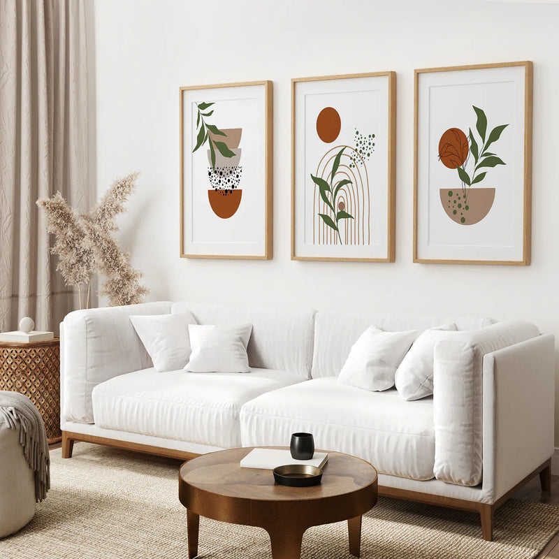 Abstract Green Leaves Wall Art Set of 3 Pieces. Earth Tones