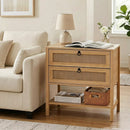 Rattan Nightstand with 2 Drawers and Open Shelf by LJGDeals