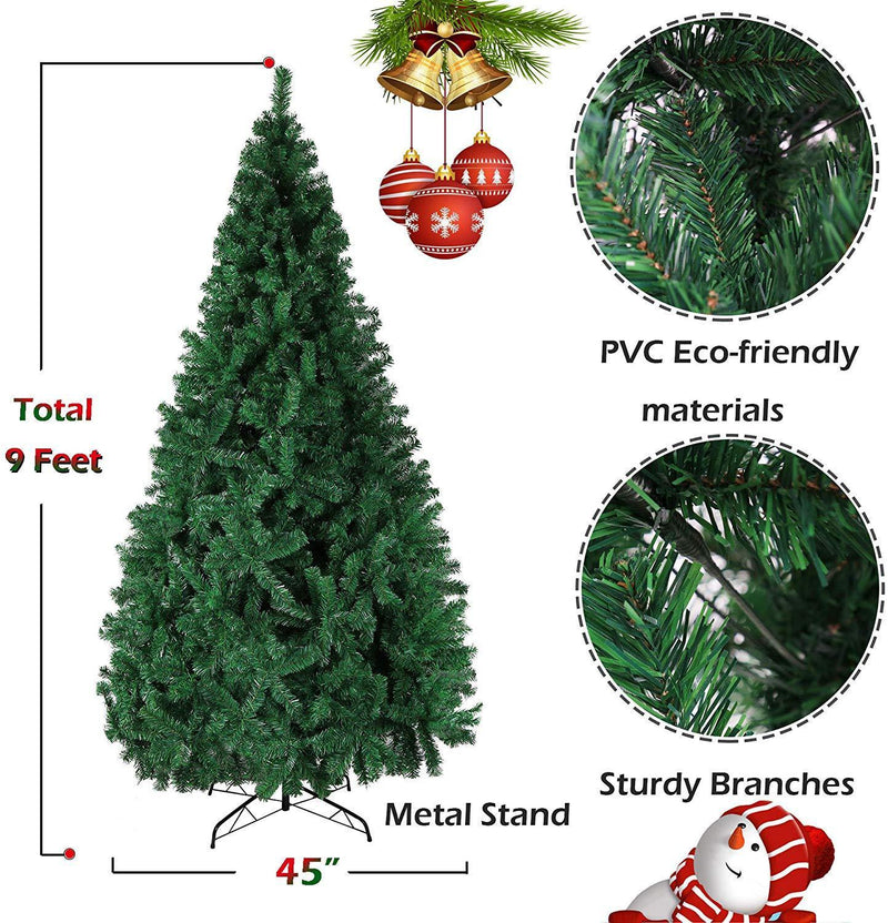 9' High Artificial Christmas Pine Tree Fake Xmas Tree 1850 Tips Full Tree W/ Solid Metal Stand