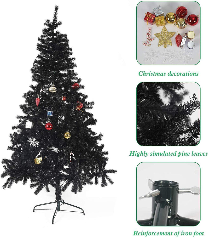 7' Black Christmas Tree Halloween Tree Artificial Pine Tree Holiday Decoration with Xmas Tree Ornaments w/ 1000 Branch Tips