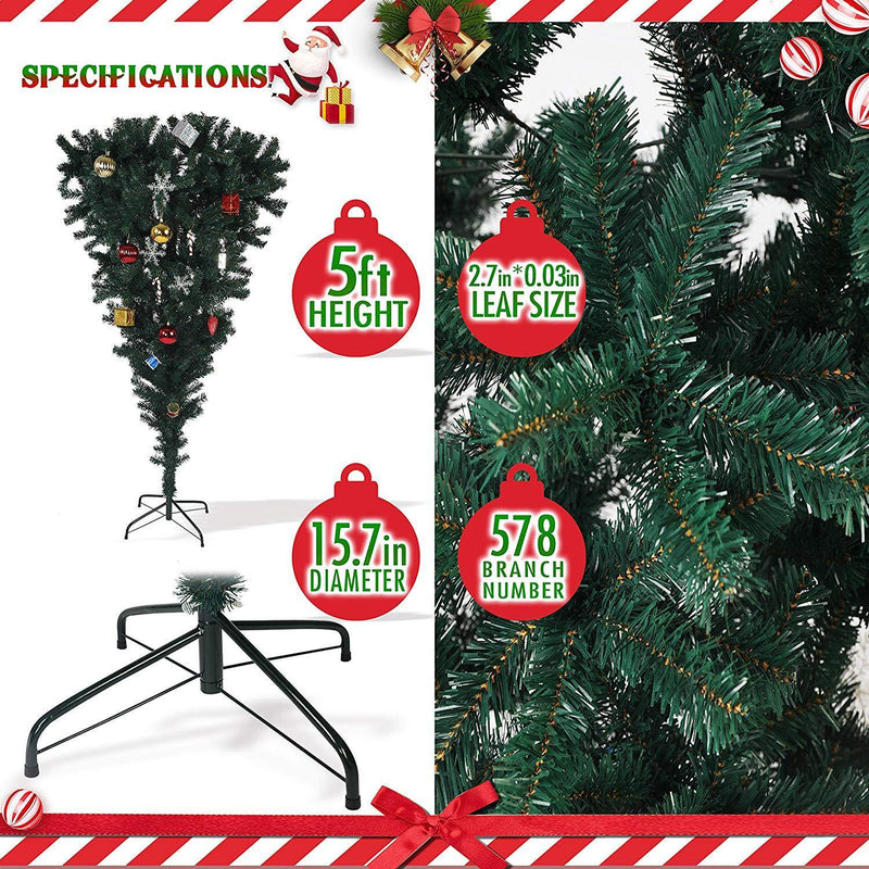 5' Upsidedown Premium Artificial Christmas Tree with Solid Metal Stand, Festive Indoor and Outdoor Decoration