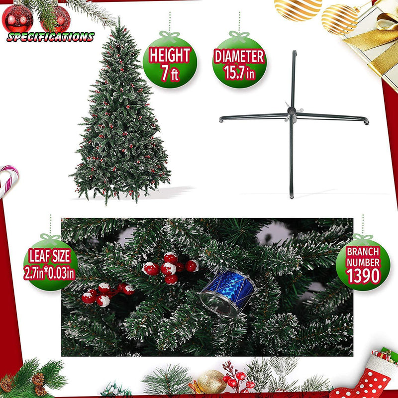 7' Artificial Christmas Tree Snow Flocked 1390 Tips Pine Decoration with Red Cheery