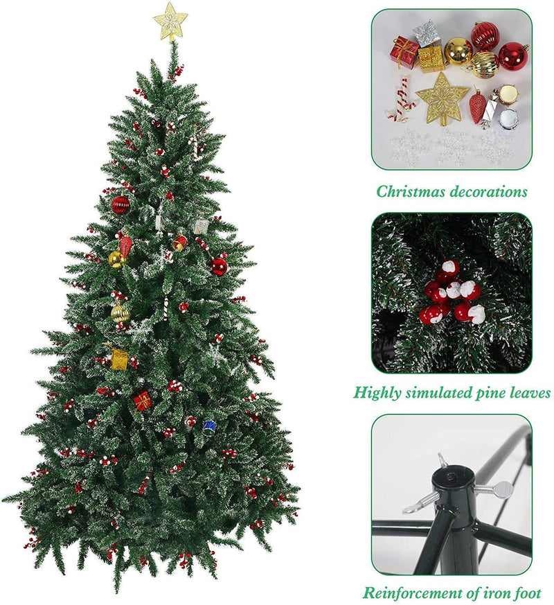 7' Artificial Christmas Tree Snow Flocked 1390 Tips Pine Decoration with Red Cheery