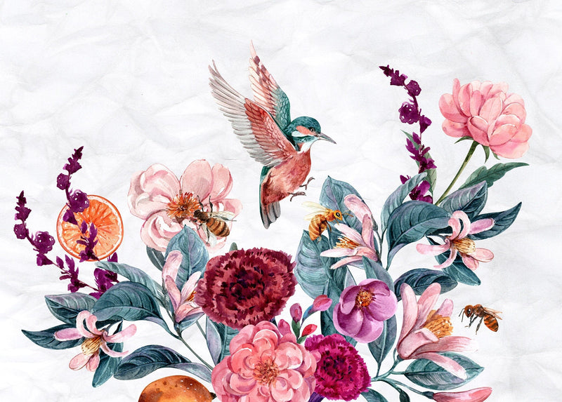 Flying Birds with Flower Bouquet Wallpaper Mural