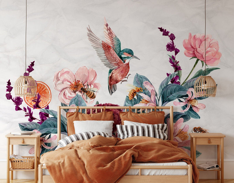 Flying Birds with Flower Bouquet Wallpaper Mural