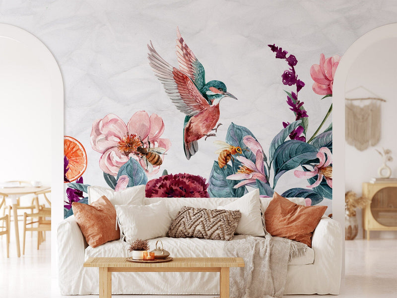 Flying Birds with Flower Bouquet Wallpaper Mural