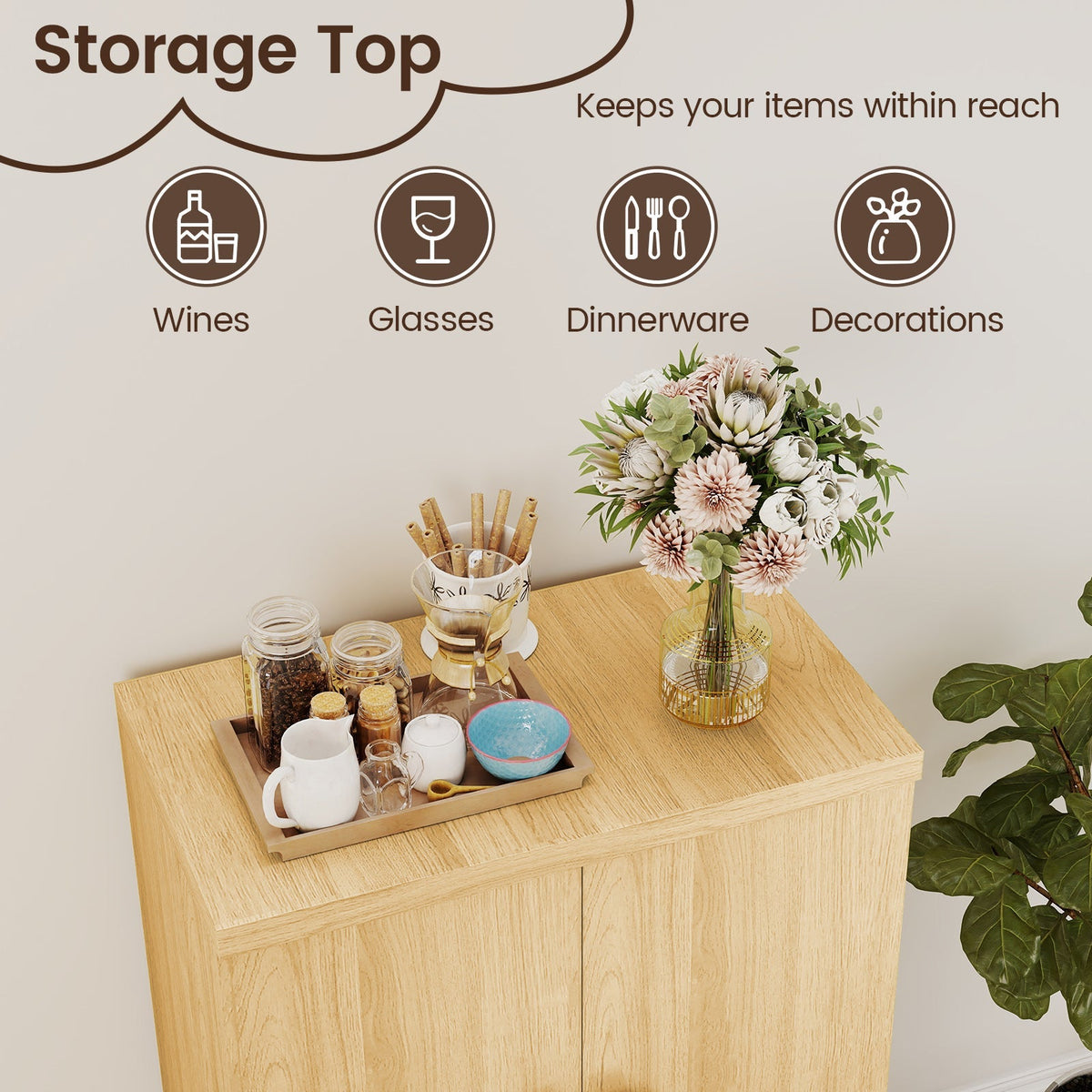 Buffet Cabinet with Double Doors and Raised Legs-Natural, photo 8 of 8