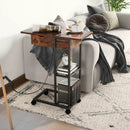 C-Shaped End Side Table with Charging Station and Wheels-Rustic Brown by LJGDeals