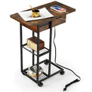 C-Shaped End Side Table with Charging Station and Wheels-Rustic Brown by LJGDeals