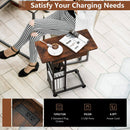 C-Shaped End Side Table with Charging Station and Wheels-Rustic Brown
