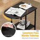 C-shaped Modern Sofa Side Table with Faux Marble Tabletop and Storage Shelf-Black