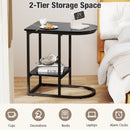 C-shaped Modern Sofa Side Table with Faux Marble Tabletop and Storage Shelf-Black