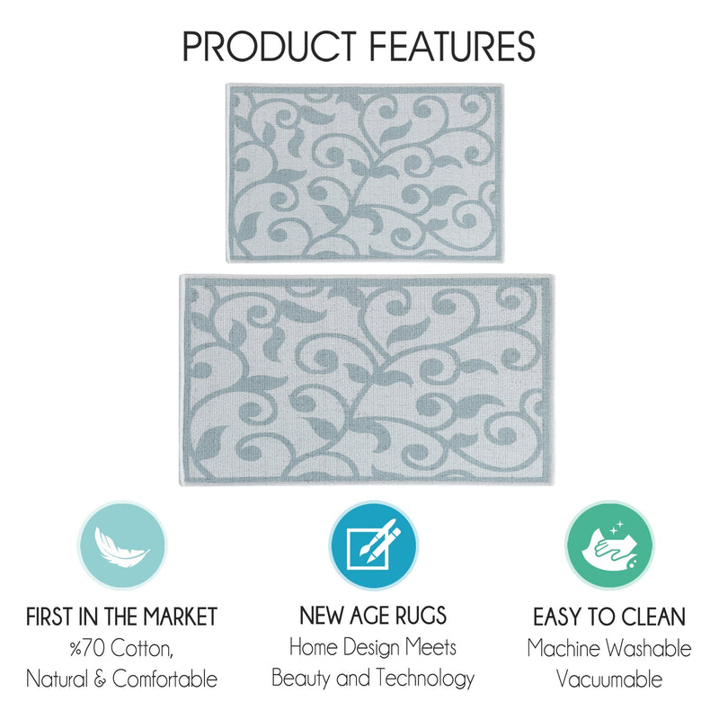 Floral Design Non Skid Washable Kitchen Runner Rugs Set of 2| 44 x 24 and 31.5 x 20 Inches Floor Mats | Gray&Teal