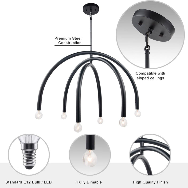 Caboche Mid-Century Modern Black Dimmable 6-Light Chandelier