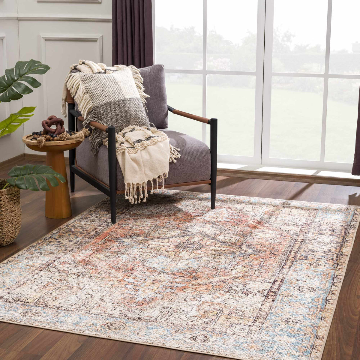 Beck Peach Washable Area Rug, installed in a room