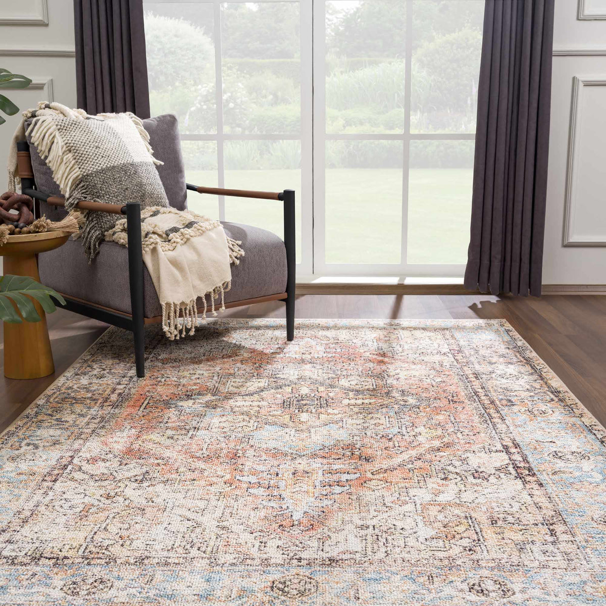 Beck Peach Washable Area Rug, installed in a room