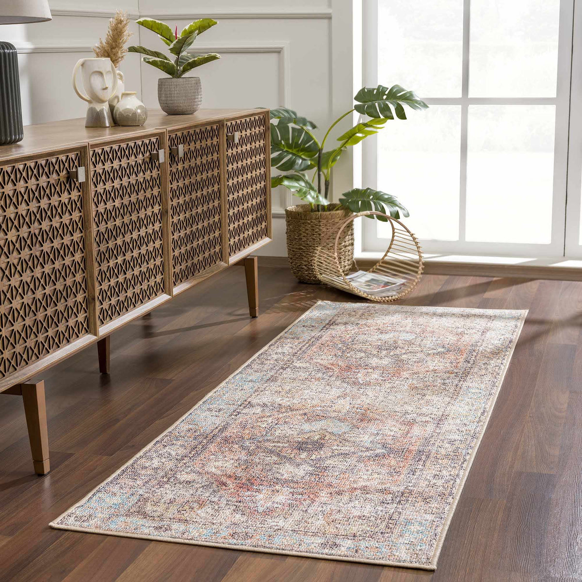 Beck Peach Washable Area Rug, installed in a room