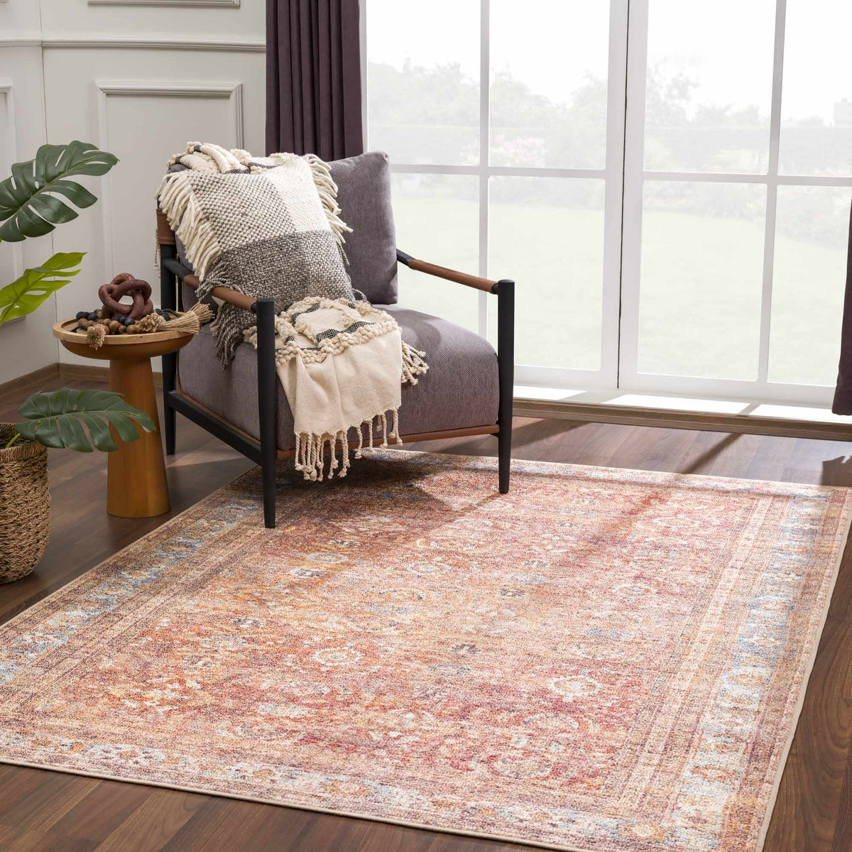 Anshu Peach Washable Area Rug, installed in a room