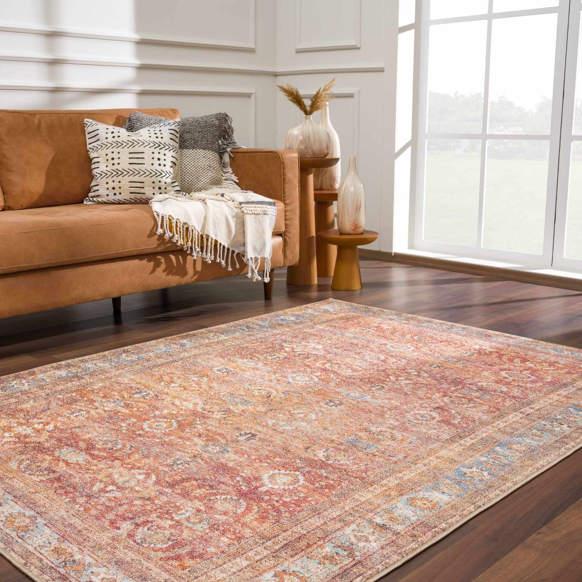 Anshu Peach Washable Area Rug, installed in a room